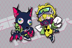 2boys akagi_(redsiland) black_shoes blonde_hair chibi chibi_only claws commentary_request drawstring eyeball full_body goggles goggles_on_head green_jacket hair_between_eyes jacket looking_at_viewer male_focus mask mouth_mask multiple_boys open_clothes open_jacket original overalls radiation_symbol shirt shoes short_hair white_shirt yellow_eyes yellow_overalls