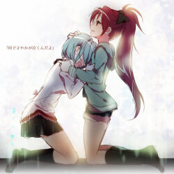 Rule 34 | 2girls, blue eyes, blue hair, bow, crying, hair bow, hug, kneeling, long hair, mahou shoujo madoka magica, miki sayaka, mitakihara school uniform, mizukikushou, multiple girls, ponytail, red eyes, red hair, sakura kyoko, school uniform, short hair, simple background, skirt, smile, white background