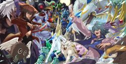 Rule 34 | 1girl, 1other, 6+boys, absurdres, black shirt, blue eyes, blue hair, blue vest, brown eyes, brown hair, card, crystal beast amber mammoth, crystal beast amethyst cat, crystal beast cobalt eagle, crystal beast emerald tortoise, crystal beast ruby carbuncle, crystal beast sapphire pegasus, crystal beast topaz tiger, deck of cards, dragon, duel academy uniform (yu-gi-oh! gx), duel disk, elemental hero avian, elemental hero bubbleman, elemental hero burstinatrix, elemental hero clayman, elemental hero neos, elemental hero sparkman, fangs, feathered wings, gem, green eyes, group picture, highres, holding, holding card, horns, jacket, johan andersen, mammoth, medium hair, mole, multiple boys, n 23, neo-spacian grand mole, pegasus, pink fur, pink shirt, rainbow dragon, red jacket, shirt, single horn, trading card, turtle, vest, white wings, winged kuriboh, wings, yellow wings, yu-gi-oh!, yu-gi-oh! gx, yubel