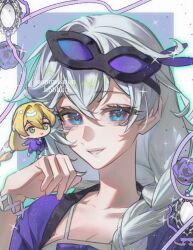 1boy 1girl blonde_hair blue_eyes bracelet braid breasts chibi chinese_commentary cleavage close-up closed_mouth collarbone couple eye_mask green_eyes grey_hair hair_between_eyes hair_over_shoulder hand_up honkai_(series) honkai_impact_3rd huabu308 jewelry kallen_kaslana light_smile long_braid long_hair looking_at_viewer looking_to_the_side low-tied_long_hair mask mask_on_head otto_apocalypse parted_lips shade short_sleeves single_braid smile upper_body