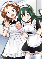 2girls :d animal_ears animal_hands apron asui_tsuyu black_choker black_dress boku_no_hero_academia brown_hair choker dress fake_animal_ears gloves green_hair hair_between_eyes hand_up highres indoors kanzaki_izumi maid maid_apron maid_headdress multiple_girls open_mouth paw_gloves short_hair smile standing thighhighs tongue tongue_out uraraka_ochaco white_thighhighs wrist_cuffs