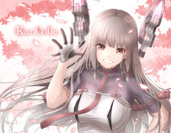 10s 1girl bodysuit breasts cherry_blossoms collarbone dress female_focus floral_background gloves grin hand_on_own_hip hand_up headgear highres hime_cut kantai_collection long_hair looking_at_viewer mechanical_ears medium_breasts murakumo_(kancolle) murakumo_kai_ni_(kancolle) necktie orange_eyes see-through_clothes shinoe_nun silver_hair smile solo tassel white_dress white_gloves
