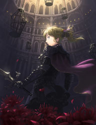 1girl arch architecture armor armored_dress arms_at_sides back bad_id bad_pixiv_id belt black_pantyhose blonde_hair blue_eyes cage cake cape chain closed_mouth cowboy_shot dark dome doora_(dora0913) dress fantasy female_focus floating_hair flower food frills from_behind from_below gauntlets hair_ornament holding holding_sword holding_weapon knight lace lipstick long_hair looking_at_viewer looking_back makeup miniskirt original pantyhose pauldrons petals pillar pink_lips pleated_skirt ponytail profile railing red_flower scale_armor shoulder_armor skirt solo spider_lily sword weapon