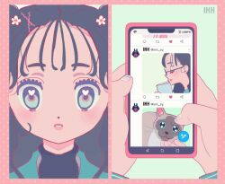 Rule 34 | 1girl, animated, animated gif, black choker, black hair, blinking, book, cat, cellphone, choker, closed eyes, commentary, dress, flower hairpin, glasses, green eyes, hair ornament, hairpin, heart, heart in eye, holding, holding book, holding phone, looping animation, nail polish, open mouth, original, phone, pink dress, smartphone, smile, solo, symbol in eye, turtleneck, twitter, vivinos