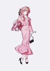 1girl black_ribbon black_shoes commission frilled_sleeves frills full_body hair_ribbon highres jacket juliet_sleeves long_hair long_skirt long_sleeves looking_at_viewer nanoka_san original parted_lips pink_hair pink_jacket pink_skirt puffy_sleeves ribbon shirt shoes simple_background skirt solo white_background white_shirt