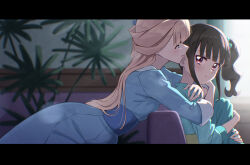 Rule 34 | 2girls, arms around neck, blonde hair, blue dress, blue eyes, blurry, blurry background, blush, border, brown hair, commentary, couch, dress, highres, hug, hug from behind, indoors, long hair, looking at another, multiple girls, nekoyashiki mayu, nekoyashiki yuki, nuenue, precure, red eyes, short hair, side ponytail, sitting, smile, three-quarter sleeves, wonderful precure!, yuri