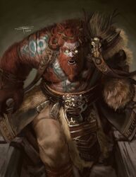 Rule 34 | 1boy, absurdres, armor, beard, braid, braided bun, broad shoulders, claws, connected beard, dated, druid, dungeons &amp; dragons, facial hair, frost llamzon, full beard, glowing, glowing eyes, hair bun, highres, leather armor, long hair, male focus, mature male, muscular, muscular male, open mouth, original, red hair, shouting, tattoo, transformation, tribal tattoo