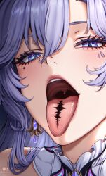 1girl agurami blue_eyes cantarella_(wuthering_waves) close-up commentary earrings english_commentary facial_mark hair_between_eyes highres jewelry looking_at_viewer mark_under_eye mole mole_under_eye open_mouth portrait purple_hair solo tacet_mark_(wuthering_waves) teeth tongue tongue_out upper_teeth_only uvula wuthering_waves