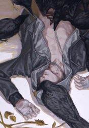 1boy absurdres bandaged_hand bandages bird bird_on_stomach black_bird black_jacket c2h4_(1849155751) covered_face crow dead_by_daylight drawstring drawstring_pull fingernails frank_morrison hands_up highres hood hood_up jacket leaf leather leather_jacket light_frown long_sleeves lying male_focus neck_tattoo no_mask on_back on_ground open_clothes open_jacket painterly realistic scar scar_on_chest scar_on_face scar_on_mouth scar_on_nose skull_tattoo solo spread_wings tattoo the_legion_(dead_by_daylight) upper_body white_jacket