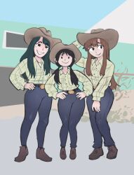 absurdres asian_cowboy_girls_(meme) belt black_hair boots brown_hair cowboy cowboy_boots cowboy_hat cowboy_western denim green_hair green_shirt hat highres japvs jeans long_sleeves meme original pants photo-referenced shirt sidelocks smile swept_bangs thick_thighs thighs tight_clothes tight_pants western wide_hips