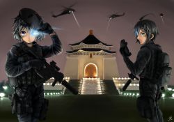 1boy 1girl ahoge aircraft architecture artist_name blue_eyes body_armor building bulletproof_vest cowboy_shot dated east_asian_architecture flying gloves glowing glowing_eye glowing_eyes green_eyes gun handgun helicopter highres holster jpc load_bearing_vest looking_at_viewer mask mask_on_head military military_combat_uniform military_uniform night night_sky original pistol searchlight simple_background sky spotlight stairs submachine_gun suppressor taiwan trigger_discipline unworn_mask weapon