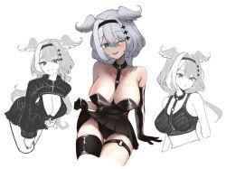 1girl :d aqua_eyes armpit_crease bare_shoulders black_hairband blush breasts chest_harness clothes_lift clothes_pull elbow_gloves elira_pendora elira_pendora_(goth) fangs gloves grey_hair grin hairband harness head_wings highres j.d._thunderhawk large_breasts long_hair looking_at_viewer multiple_views nijisanji nijisanji_en o-ring o-ring_thigh_strap one_eye_closed open_mouth shirt_pull single_elbow_glove sitting skirt skirt_lift smile thigh_gap thigh_strap virtual_youtuber wings