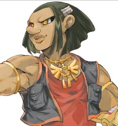 1boy austin_o&#039;brien bare_shoulders black_hair black_vest dark-skinned_male dark_skin duel_disk male_focus muscular muscular_male red_shirt shirt short_hair simple_background upper_body vest vincent_graphic_art white_background yellow_eyes yu-gi-oh! yu-gi-oh!_gx