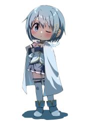Rule 34 | 1girl, asukaru (magika ru), blue boots, blue cape, blue dress, blue hair, blue sleeves, blush, boots, cape, closed mouth, commentary request, dated, detached sleeves, dress, fortissimo, full body, hair ornament, hand on own hip, highres, looking at viewer, magical girl, mahou shoujo madoka magica, mahou shoujo madoka magica (anime), miki sayaka, miki sayaka (magical girl), musical note, musical note hair ornament, one eye closed, short hair, signature, simple background, solo, standing, strapless, strapless dress, thighhighs, white background, white thighhighs