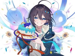 Rule 34 | 1girl, ahoge, balloon, birthday, birthday cake, black hair, blue eyes, blue flower, blue jacket, blue necktie, blue trim, cake, collared shirt, confetti, crescent, double-parted bangs, english text, flower, food, grey sweater vest, grey vest, grin, hair between eyes, hair ornament, happy birthday, haruwo, highres, holding, holding cake, holding food, hood, hooded jacket, icing, jacket, long sleeves, looking at viewer, macaron, necktie, nijisanji, petals, ribbon, ribbon-trimmed hood, shirt, short hair, smile, solo, sorahoshi kirame, sparkle hair ornament, star (symbol), sweater vest, vest, virtual youtuber, white background, white shirt, yellow flower