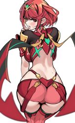 1girl ass back backboob bare_back blush bob_cut breasts brown_eyes commentary earrings floating_earring from_behind highres jewelry large_breasts looking_at_viewer looking_back matrix16 open_mouth pyra_(xenoblade) red_hair red_shorts short_hair shorts simple_background sketch solo sweat thighhighs tiara white_background xenoblade_chronicles_(series) xenoblade_chronicles_2