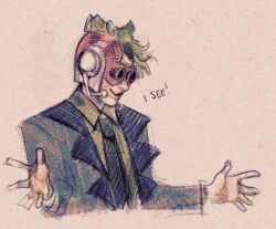 1boy cyborg english_text f-zero formal_clothes goggles green_hair hands_up microphone monkii_(mjooolnina) mr._zero_(f-zero) necktie nintendo open_mouth sketch smile solo suit upper_body