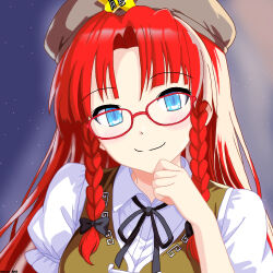 1girl beret bespectacled black_bow black_ribbon blue_eyes bow braid commentary curtained_hair glasses green_vest grey_hat hand_on_own_chin hat hat_ornament hong_meiling light_blush long_hair looking_at_viewer mist9801km neck_ribbon night night_sky puffy_short_sleeves puffy_sleeves red-framed_eyewear red_hair ribbon shirt short_sleeves sidelighting sky smile solo split_mouth star_(sky) star_(symbol) star_hat_ornament touhou twin_braids upper_body vest white_shirt