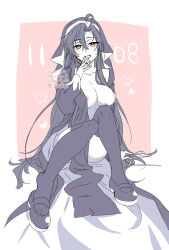 1girl ahoge alternate_costume alternate_hairstyle bed_sheet black_dress black_hair black_shoes black_thighhighs blush breasts breasts_out collarbone dated dress full_body genderswap genderswap_(mtf) hair_between_eyes hair_down hand_up heart highres kimako_(kimako_8) knees_together_feet_apart large_breasts long_hair long_sleeves looking_at_viewer modao_zushi monochrome nipples nun on_bed open_clothes open_dress open_mouth partially_undressed pink_background revealing_clothes shoes side_slit simple_background sitting smile solo spot_color thighhighs twitter_username veil very_long_hair watermark wei_wuxian