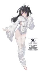 1girl :o animal_ears black_hair blush breasts center_frills commentary_request english_text frilled_sleeves frills full_body hair_between_eyes hairband hu_kotora leotard long_hair long_sleeves looking_at_viewer loose_socks medium_breasts original parted_lips pink_shoes purple_eyes rabbit_ears shoes sideboob simple_background sleeves_past_wrists socks solo thighhighs two_side_up watermark white_background white_hairband white_leotard white_thighhighs wide_sleeves