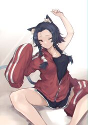 1girl animal_ear_fluff animal_ears arm_out_of_sleeve arm_up black_hair black_shorts black_tank_top braid braided_sidelocks breasts bright_pupils cat_ears cat_girl cat_tail clenched_hand closed_mouth collarbone commentary_request curtained_hair dolphin_shorts feet_out_of_frame hair_tubes hand_up highres jacket kamatpit knees_apart_feet_together looking_at_viewer medium_breasts on_ground one_eye_closed original parted_bangs partially_unzipped red_jacket short_hair_with_long_locks short_shorts shorts sidelocks sideways_glance single_bare_arm sitting sleeves_past_fingers sleeves_past_wrists solo striped_sleeves tail tank_top track_jacket turning_head twin_braids white_background white_pupils