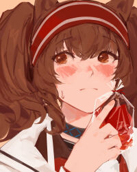 Rule 34 | 1girl, 1solis000, absurdres, angelina (arknights), animal ears, arknights, blush, brown hair, chocolate, close-up, coat, fox ears, fox girl, hairband, highres, infection monitor (arknights), light frown, red hairband, solo, striped clothes, striped hairband, sweatdrop, twintails, two-tone hairband, upper body, valentine, white coat, yellow eyes