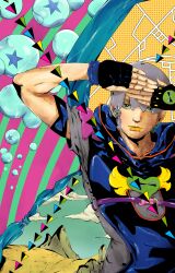 Rule 34 | 1boy, absurdres, black gloves, closed mouth, cloud, fingerless gloves, fish hook, gloves, green eyes, grey hair, hair ornament, hands up, highres, hood, hood down, jodio joestar, jojo no kimyou na bouken, knew nothing, looking at viewer, male focus, map, short hair, short sleeves, soap bubbles, solo, star (symbol), star hair ornament, the jojolands