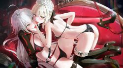 2girls absurdres artoria_pendragon_(fate) bare_shoulders bikini black_bikini blush breasts fate/grand_order fate_(series) highres jeanne_d&#039;arc_alter_(fate) jeanne_d&#039;arc_alter_(swimsuit_berserker)_(fate) large_breasts long_hair looking_at_viewer maid maid_bikini maid_headdress multiple_girls open_mouth red_thighhighs saber_alter saber_alter_(swimsuit_rider) saber_alter_(swimsuit_rider)_(second_ascension) smile swimsuit thighhighs unconventional_maid waligner yellow_eyes yuri