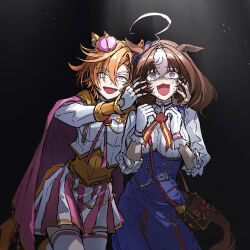 Rule 34 | 2girls, :3, :d, @ @, animal ears, bag, brown hair, cape, crown, fingerless gloves, gloves, hands in hair, highres, horse ears, horse girl, horse tail, jewelry, long sleeves, meisho doto (umamusume), mini crown, multiple girls, open mouth, pleated skirt, ppiyong (vveveet), purple eyes, ring, short hair, shoulder bag, single horizontal stripe, skirt, smile, sweat, t.m. opera o (umamusume), tail, thighhighs, umamusume, underbust, white gloves, white thighhighs
