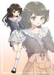 1girl :o absurdres artist_name black_eyes black_hair blunt_bangs blush bow breasts collarbone dress full_body gradient_background hair_bow hair_ornament highres legs long_hair long_sleeves looking_at_viewer medium_breasts miyano_(user_nhea8337) open_mouth orange_background original plaid_clothes plaid_skirt shoes simple_background skirt sleeves_past_wrists socks standing thighs tongue white_background