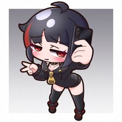 1girl absurdres ahoge arm_up black_boots black_collar black_hair black_hoodie black_thighhighs blush boots cellphone chibi closed_mouth collar collarbone commentary_request drawstring full_body grey_background highres holding holding_phone hood hood_down hoodie long_sleeves multicolored_hair original phone puffy_long_sleeves puffy_sleeves red_eyes red_hair saishosaisekojo sasaki_noa_(saishosaisekojo) selfie sleeves_past_wrists smile solo standing streaked_hair thighhighs thighhighs_under_boots v