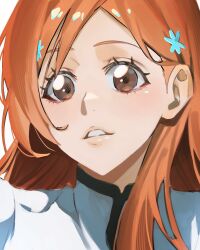 1girl absurdres bleach brown_eyes female_focus hair_ornament hairclip highres inoue_orihime lips long_hair n_(nauki_11) orange_hair portrait simple_background teeth white_background