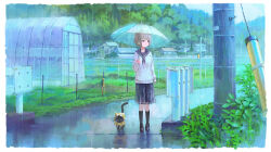 1girl black_cat black_footwear black_sailor_collar black_skirt black_socks brown_hair cardigan cat commentary_request day feel_(nasitaki) forest grass greenhouse grey_eyes guard_rail highres house leaf long_hair nature open_mouth original outdoors pleated_skirt rain raincoat road sailor_collar scenery short_hair skirt socks standing umbrella utility_pole white_cardigan window yellow_raincoat
