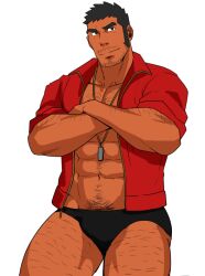 Rule 34 | 1boy, abs, bara, beard, beard stubble, crossed arms, facial hair, full beard, hairy, jacket, large pectorals, lifeguard, long sideburns, male focus, male swimwear, mature male, muscular, muscular male, mustache stubble, nipples, open clothes, open jacket, original, pectorals, sakuramarusan, short hair, sideburns, solo, standing, strongman waist, stubble, swim briefs, tan, thick eyebrows, thick thighs, thighs, whistle, whistle around neck, white background