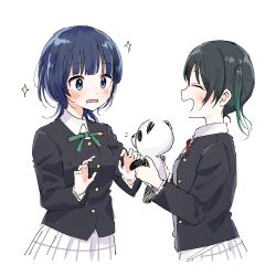 2girls asaka_karin black_hair blue_eyes blue_hair blunt_bangs blush closed_eyes collared_shirt commentary_request doll embarrassed gradient_hair green_eyes green_hair holding holding_doll holding_stuffed_toy jacket love_live! love_live!_nijigasaki_high_school_idol_club medium_hair multicolored_hair multiple_girls neck_ribbon nijigasaki_school_uniform open_mouth panda plaid_clothes plaid_skirt pleated_skirt ribbon school_uniform shirt simple_background skirt sparkle stuffed_toy takasaki_yu watanabe_nako white_background