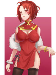 1girl alternate_eye_color bracelet breasts brown_thighhighs china_dress chinese_clothes cleavage cleavage_cutout clothing_cutout covered_navel dress highres honkai_(series) honkai_impact_3rd jewelry kitakore large_breasts lipstick makeup murata_himeko pink_background red_dress red_eyes red_hair solo thighhighs two-tone_background white_background
