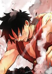 1boy bare_arms bare_shoulders black_hair buttons closed_mouth dust_cloud facial_scar hat highres kamat_73 male_focus monkey_d._luffy one_piece red_vest scar scar_on_cheek scar_on_face serious short_hair signature solo straw_hat three_quarter_view unworn_hat unworn_headwear upper_body veins vest