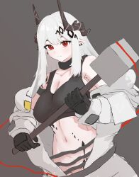 1girl absurdres arknights bare_shoulders black_gloves black_horns breasts cleavage commentary_request gloves grey_background hammer heii! highres holding holding_hammer holding_weapon horns jumpsuit korean_commentary large_breasts long_hair long_sleeves material_growth midriff mudrock_(arknights) mudrock_(elite_ii)_(arknights) navel off_shoulder oripathy_lesion_(arknights) pointy_ears red_eyes sledgehammer solo weapon white_hair