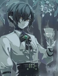 Rule 34 | 1boy, ascot, belt, black choker, black hair, black pants, brown belt, buttons, choker, closed mouth, collared shirt, colored skin, commentary request, cup, datenshi no fu, despair god morroc, drinking glass, expressionless, eyes visible through hair, flower, green brooch, hair between eyes, highres, holding, holding cup, long bangs, long sleeves, looking at viewer, male focus, orange eyes, pants, pointy ears, ragnarok masters, ragnarok online, shirt, shirt tucked in, short hair, solo, upper body, white ascot, white flower, white shirt, white skin, wine glass