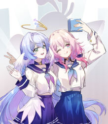 2girls alternate_costume black_choker blue_eyes blue_hair blue_neckerchief blue_sailor_collar blue_skirt bra_strap breasts camera cat_princess chinese_commentary choker commentary_request earrings gradient_neckerchief halo holding holding_camera honkai:_star_rail honkai_(series) jewelry long_hair march_7th_(honkai:_star_rail) mechanical_halo medium_breasts medium_hair midriff_peek multicolored_eyes multiple_girls neckerchief one_eye_closed origami_bird_(honkai:_star_rail) pink_eyes pink_hair pink_neckerchief robin_(honkai:_star_rail) sailor_collar school_uniform selfie shirt single_earring skirt two-tone_eyes very_long_hair white_shirt wings