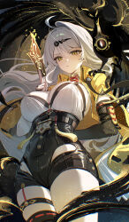 1girl ahoge arm_behind_back bird black_bird black_shorts breasts closed_mouth commentary cowboy_shot elbow_gloves gloves grey_hair hair_ornament high-waist_shorts highres holding_ofuda jacket large_breasts long_hair looking_at_viewer ruiuncle shirt shirt_tucked_in shorts single_elbow_glove single_hair_intake solo thigh_strap thighs very_long_hair white_shirt yellow_eyes yellow_jacket yi_xuan_(zenless_zone_zero) zenless_zone_zero