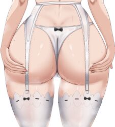 1girl ass ass_focus cameltoe commission garter_belt garter_straps hands_on_own_ass highres panties pixiv_commission re:zero_kara_hajimeru_isekai_seikatsu rem_(re:zero) simple_background solo sweat thighhighs tyrzul underwear white_background white_panties white_thighhighs