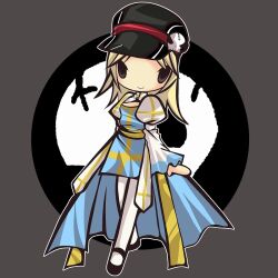 1girl 2000s_(style) arch_bishop_(ragnarok_online) black_eyes black_hat black_shoes blonde_hair blue_dress breasts cabbie_hat chibi chibi_only cleavage_cutout closed_mouth clothing_cutout commentary_request cross dress full_body grey_background hat hat_ornament juliet_sleeves long_hair long_sleeves looking_at_viewer mary_janes puffy_sleeves ragnarok_online sash shoes skull_hat_ornament small_breasts smile solid_oval_eyes solo standing thighhighs two-tone_dress white_dress white_thighhighs yellow_sash yu_(lilacxx)