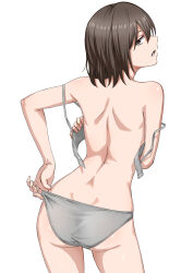 1girl absurdres ass back black_hair brown_eyes highres medium_hair original panties solo tuskryo underwear underwear_only undone_bra white_background