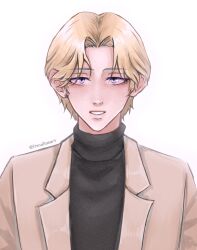 1boy blonde_hair blue_eyes brown_hair commentary english_commentary highres itsnailasart johan_liebert male_focus monster_(manga) smile solo turtleneck twitter_username upper_body white_background