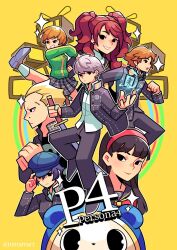 Rule 34 | 4boys, 5girls, amagi yukiko, black hair, blonde hair, blue hair, copyright notice, grey hair, hanamura yousuke, highres, kujikawa rise, kuma (persona 4), long hair, multiple boys, multiple girls, narukami yu, orange hair, persona, persona 4, red hair, satonaka chie, shirogane naoto, short hair, tatsumi kanji, timtam, yellow background