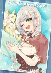 Rule 34 | 1girl, ;d, amari (ama shiiiiiiba), apron, blunt bangs, blush, bodice, bouquet, bow, bowtie, breasts, brown capelet, capelet, choppy bangs, cross-laced clothes, dated, detached collar, dirndl, fanged bangs, flower, german clothes, green eyes, grey hair, hair flower, hair ornament, highres, holding, holding bouquet, hololive, large breasts, long hair, looking at viewer, maid, official alternate costume, official alternate hairstyle, one eye closed, open mouth, photo (object), shirogane noel, shirogane noel (dirndl), smile, solo, straight hair, underbust, virtual youtuber, white apron