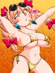 1girl arm_behind_back armpits bikini blush bow breasts cleavage commission drill_hair earrings eyewear_on_head gold_bikini hair_bow hair_ribbon heart imijikumo36 jewelry large_breasts long_hair looking_at_viewer micro_bikini multiple_hair_bows navel one_eye_closed orange_eyes orange_hair puckered_lips red_bow red_ribbon ribbon round_eyewear side-tie_bikini_bottom skeb_commission solo sunglasses swimsuit touhou twin_drills yorigami_jo&#039;on