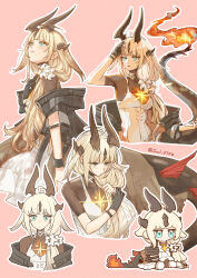 1girl absurdres aqua_eyes arknights black_gloves black_horns blonde_hair chibi commentary_request dragon_girl dragon_horns dragon_tail fire flame-tipped_tail flower gloves highres horns infection_monitor_(arknights) joul_0704 light_in_heart lily_(flower) long_hair multiple_horns multiple_views outline pink_background reed_(arknights) reed_the_flame_shadow_(arknights) simple_background tail very_long_hair white_flower white_outline