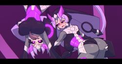2girls armor ass azure_striker_gunvolt black_sclera blush bodysuit breasts colored_sclera doce elise_(gunvolt) embarrassed fangs female_focus from_behind hanging_breasts highres long_tongue looking_at_viewer looking_back multiple_girls open_mouth purple_background purple_eyes purple_hair skin_tight sweat tongue tongue_out upside-down